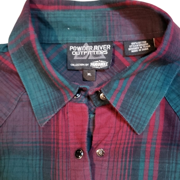 Powder River Outfitters Red Green Plaid Western Snap Workshirt Large - Picture 6 of 6